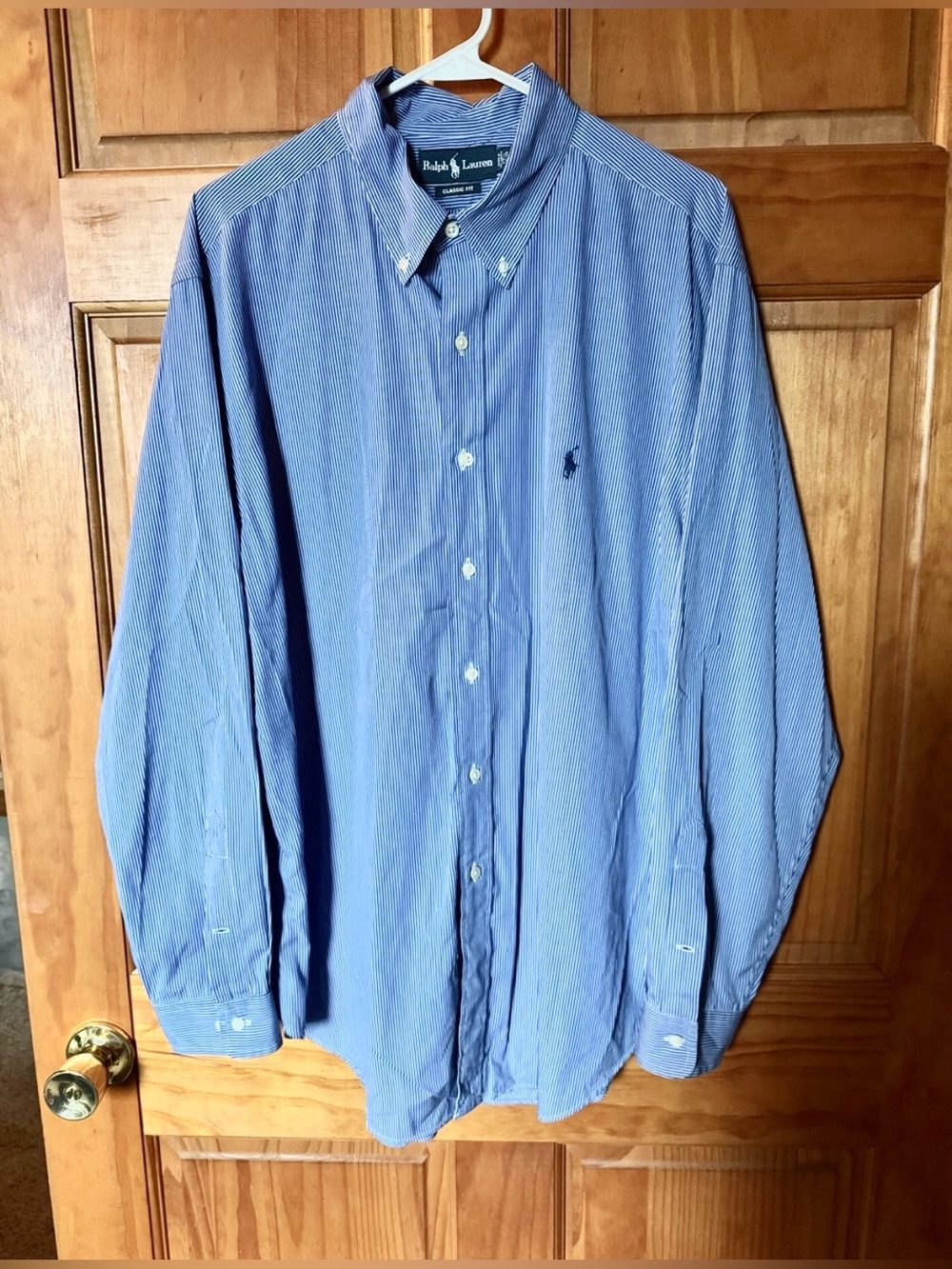 Polo Ralph Blue Cotton Striped Stretch Poplin Button-Down Shirt - Size Large